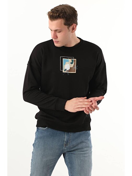 Erkek Minimal Baskılı Sweatshirt Siyah