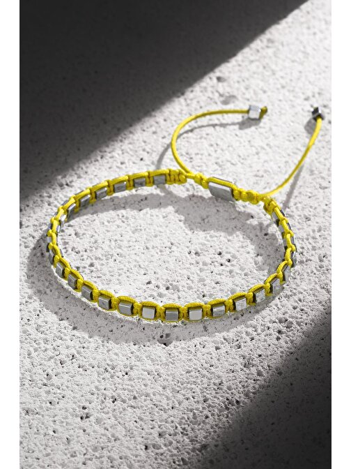 NOON Kare Figürlü Hematit Taşlı Sarı Renkli El Yapımı Ayarlanabilir Makrome Erkek Bileklik NN1428