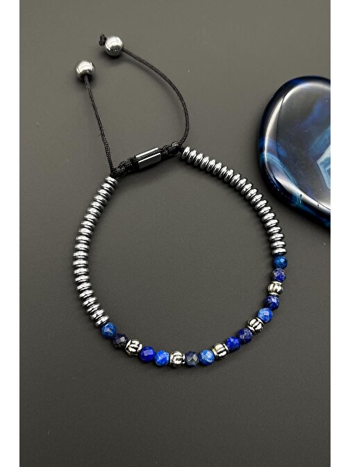 FRNCH Lapis Lazuli Doğal Taşlı Lacivert Renkli Ayarlanabilir Makrome Erkek Bileklik FRJ11558-1658-L