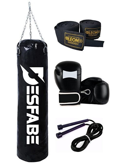 Desfabe Boxing Star Zincirli Boks Kum Torbası 70X25 Cm Siyah+El Sargı Bandajı+Boks Eldiveni+Atlama İpi