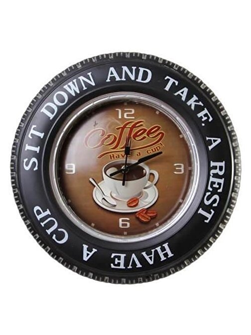 Himarry Dekoratif Araba Tekerleği Coffea TimeTemalı Saatli Led Işıklı