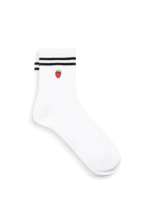 Mavi - Çilek İşlemeli Beyaz Soket Çorap 198194-620