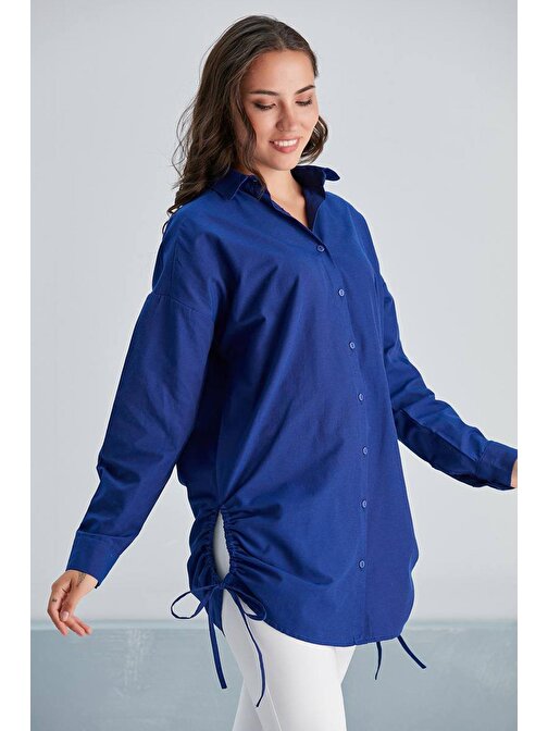 Kadın Poplin Yanı Biyeli Basic Saks Gömlek - FAV-0083S