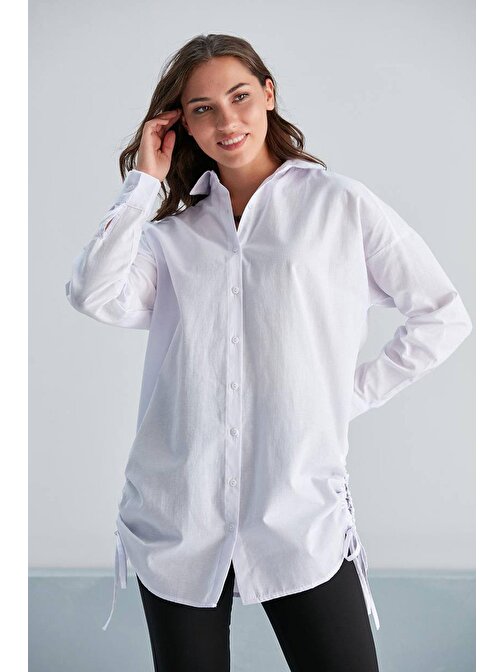 Kadın Poplin Yanı Biyeli Basic Beyaz Gömlek - FAV-0083B
