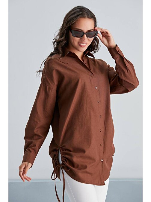 Kadın Poplin Yanı Biyeli Basic Kahverengi Gömlek - FAV-0083K