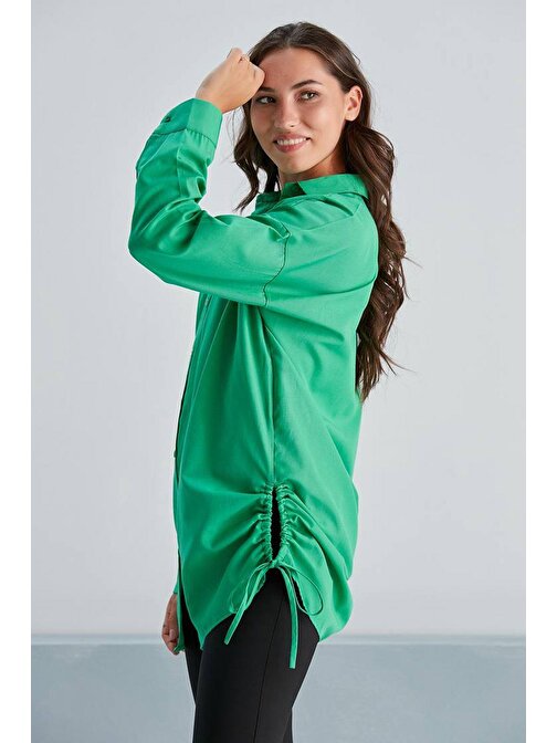 Kadın Poplin Yanı Biyeli Basic Yeşil Gömlek - FAV0083Y