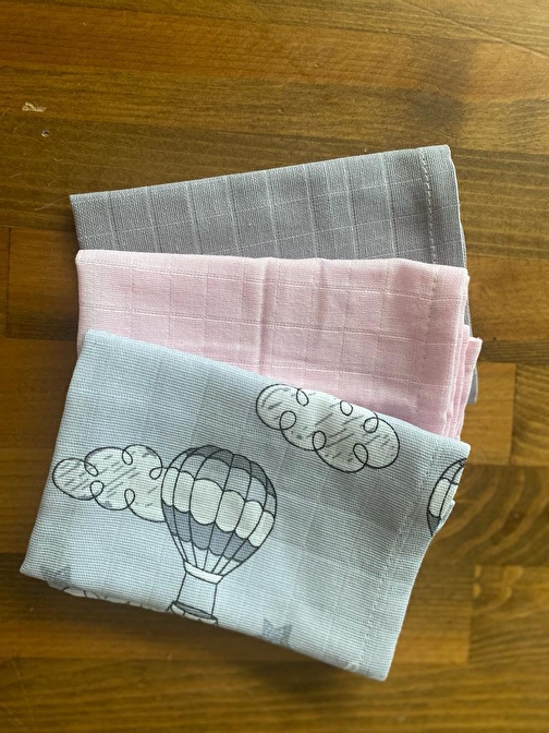 NihalFidan Store Bebek Muslin Kumaş %100 Pamuk Ağız Mendili Pembe Gri Balon 3 Adet 30x30 Cm