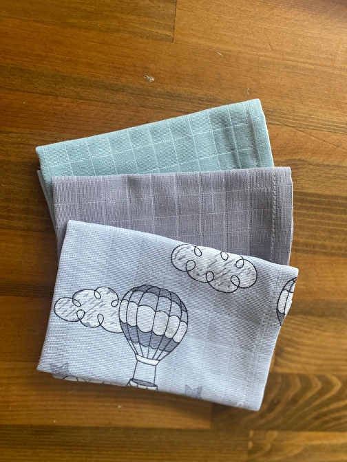 NihalFidan Store Bebek Muslin Kumaş %100 Pamuk Ağız Mendili Mint Gri Balon 3 Adet 30x30 Cm