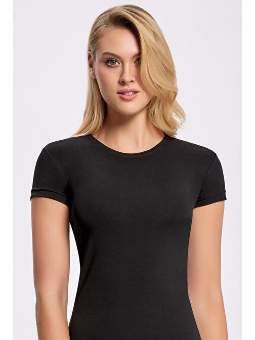 Likralı Yuvarlak Yaka Kadın T-shirt Siyah