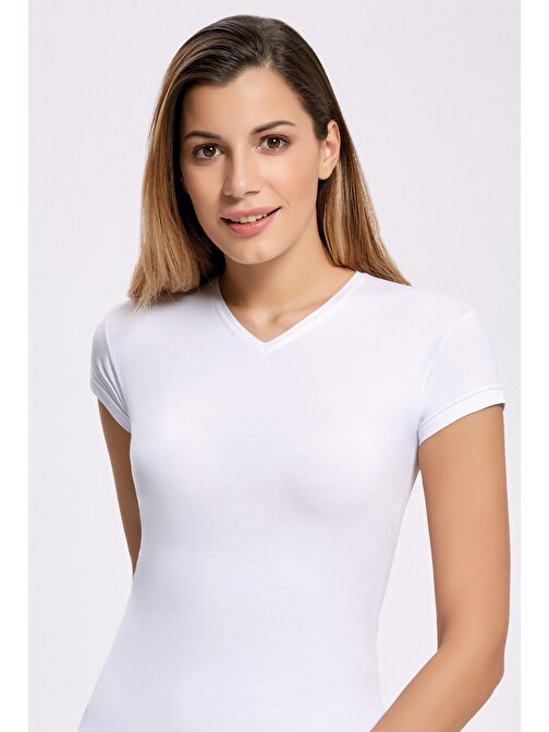 Kadın Likralı V Yaka Kadın T-shirt Beyaz