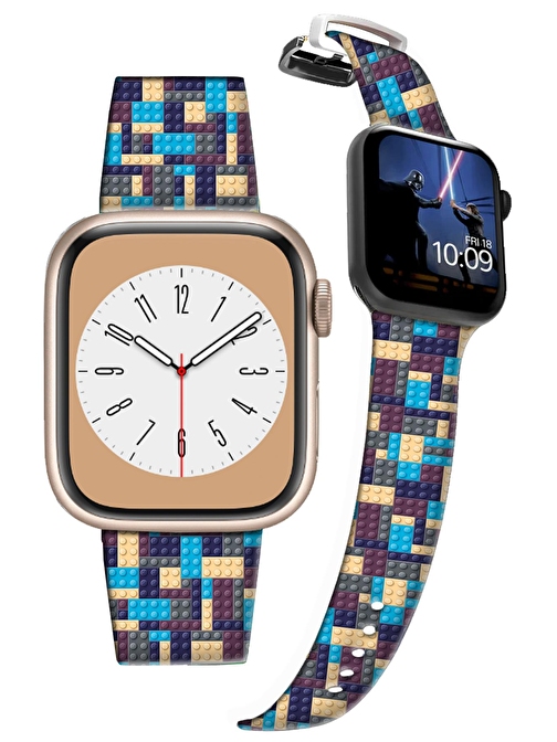 Lopard Apple Watch 42 - 44 - 45 - 49 mm Bordo Mavi Lego Desenli Silikon Akıllı Saat Kordonu