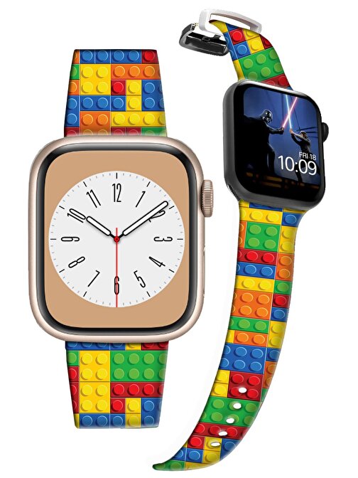 Lopard Apple Watch 42 - 44 - 45 - 49 mm Lego Sarı Mavi Desenli Silikon Akıllı Saat Kordonu