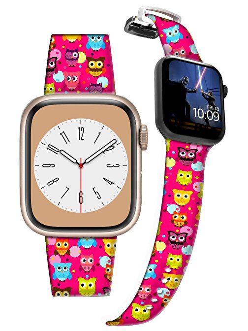 Lopard Apple Watch 42 - 44 - 45 - 49 mm Pembe Baykuşlar Desenli Silikon Akıllı Saat Kordonu