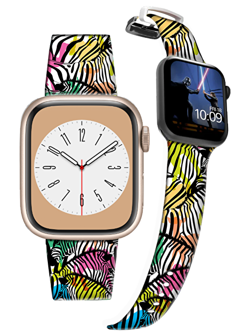 Lopard Apple Watch 42 - 44 - 45 mm Renkli Zebra Desenli Kaliteli Silikon Akıllı Saat Kordonu