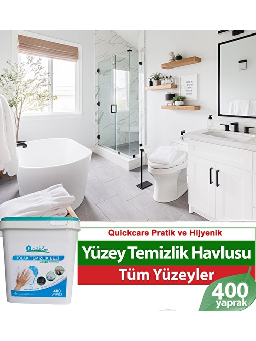 QUICKCARE Dezenfektanlı Yüzey Temizlik Havlusu 400 Yaprak, Kova Mendil Beyaz Sabun Kokulu