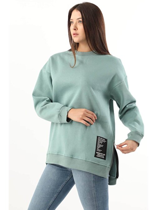 Kadın Fermuar Detaylı Oversize Sweatshirt Mint