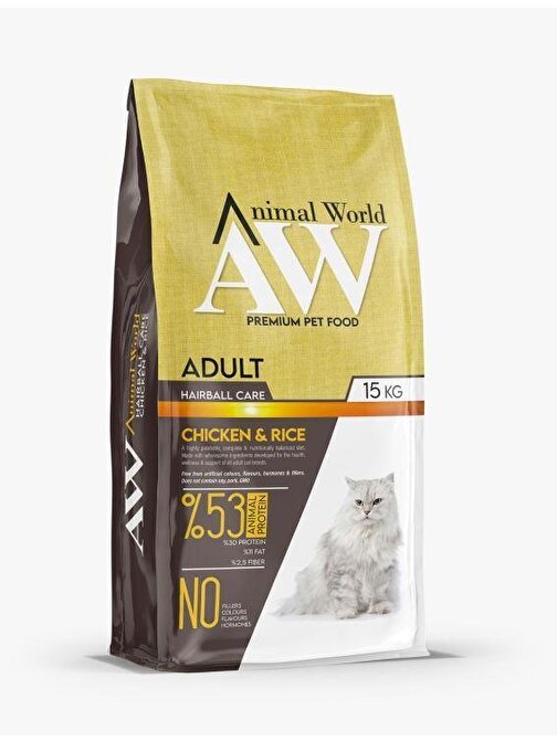 Animal World Hairball Care Tüy Yumağı Önleyici Tavuklu Ve Pirinçli Yetişkin Kedi Maması 15Kg