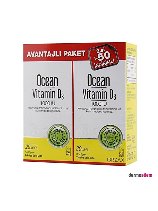 Orzax Ocean Vitamin D3 1000 Iu 2'Li Paket 20 Ml Sprey