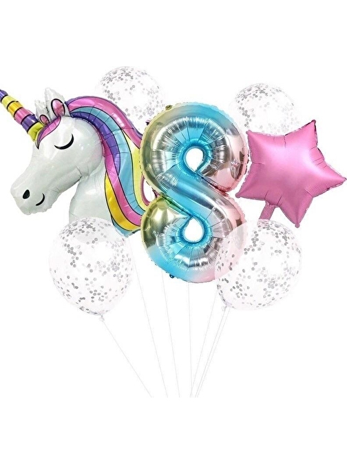 Pazariz Pazariz Unicorn Folyo Balon Doğum Günü Seti 8 Yaş