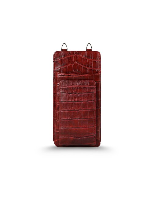 Glary GL200RD 1.Sınıf Kalite Hakiki Deri Portmone Unisex Boyun Askılı Pasaport ve Telefon Cüzdanı-Kırmızı