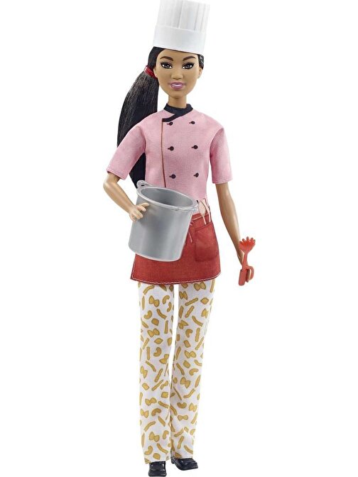Barbie DVF50 GTW38 Aşçı Önlüğü Kep ve Tencere Aksesuarları ile Aşçı Bebek Barbie Kariyer Bebekleri