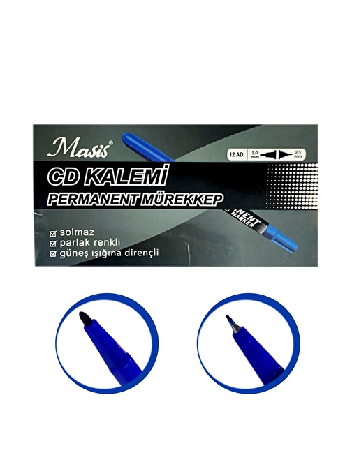 Masis Çift Taraflı Uçlu Cd2 Asetat Kalemi 0.5-1.0 mm 12 Adet Mavi