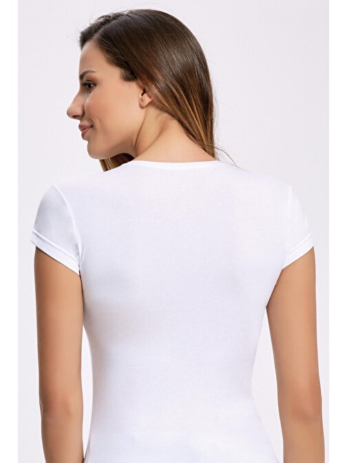 Likralı Yuvarlak Yaka Kadın T-shirt Beyaz