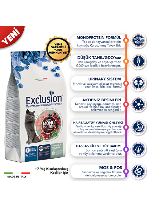 Exclusion Düşük Tahıllı Monoprotein +7 Yaş İçin Kısırlaştırılmış Kedi Maması 1.5 Kg