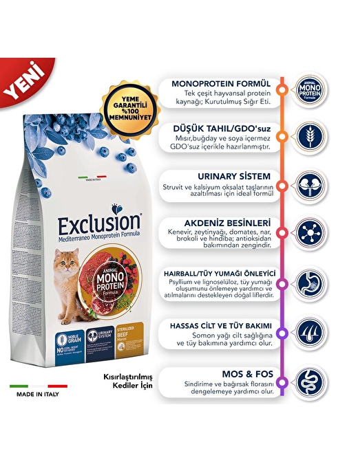 Exclusion Düşük Tahıllı Monoprotein Sığır Etli Kısırlaştırılmış Kedi Maması 12 Kg