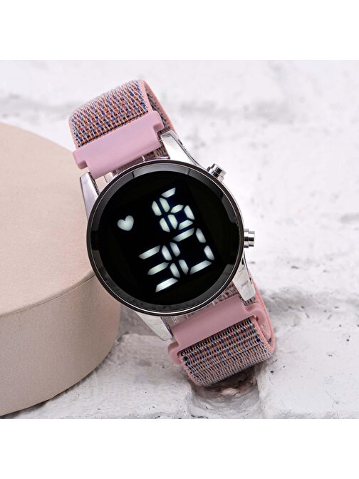 Şık Pembe Renk Cırtlı Yapışır Kordon Dijital Led Bileklik Saat ST-304056