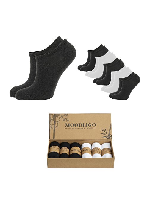 Erkek 6'lı Premium Bambu Bilekte Spor Çorabı / Sneaker Çorap - 3 Siyah 3 Beyaz-Kutulu
