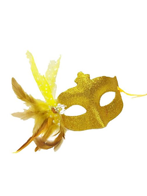 XMARKETTR Sim İşlemeli İnci Boncuk Detaylı Tüylü Balo Maskesi Altın Renk 13x18 cm