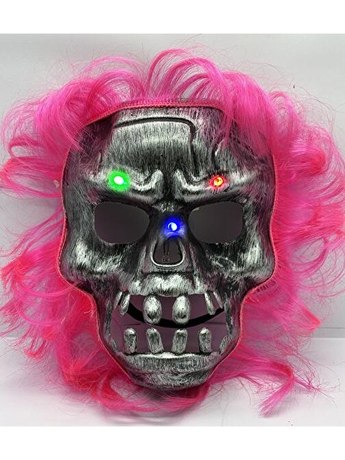 XMARKETTR Parti Aksesuar Pembe Saçlı Led Işıklı Kuru Kafa İskelet Korku Maskesi 22x25 cm