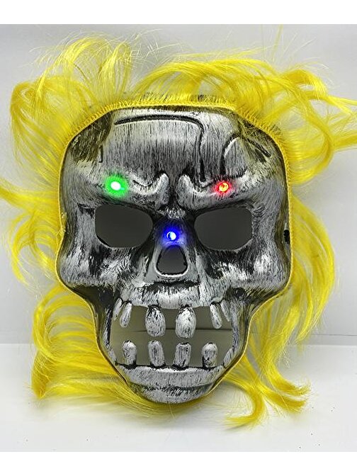 XMARKETTR Parti Aksesuar Sarı Saçlı Led Işıklı Kuru Kafa İskelet Korku Maskesi 22x25 cm