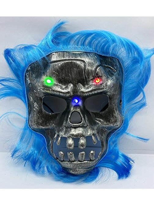 XMARKETTR Parti Aksesuar Mavi Saçlı Led Işıklı Kuru Kafa İskelet Korku Maskesi 22x25 cm