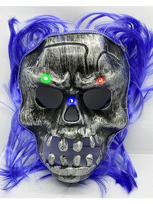 XMARKETTR Parti Aksesuar Mor Saçlı Led Işıklı Kuru Kafa İskelet Korku Maskesi 22x25 cm