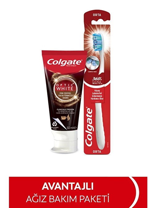 Colgate Optic White Kahve Çay ve Tütün İçin Beyazlatıcı Diş Macunu 50 ml + Orta Diş Fırçası