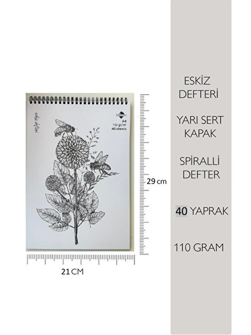 İstisna 110 gr 29x21 A4 40 Yaprak Çiçekli & Arılı Eskiz Defteri Beyaz