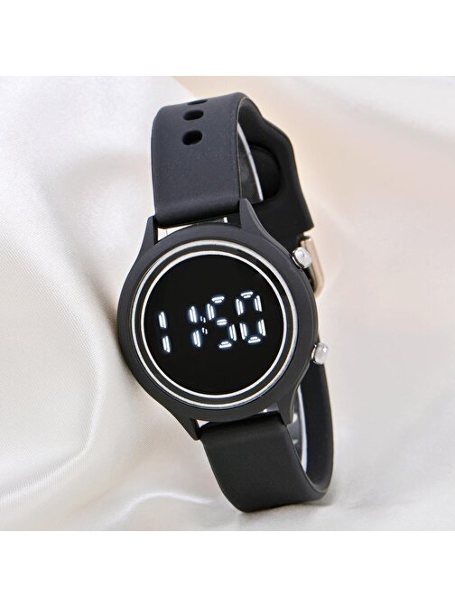 Kadın Saati Siyah Renk Silikon Kordonlu Tuşlu Led Unisex Çocuk Bileklik Saat