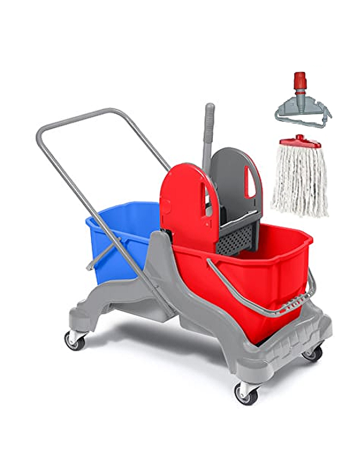 Safell Çift Kovalı Temizlik Arabası - Paspas Arabası - Mop + Mop Aparatı