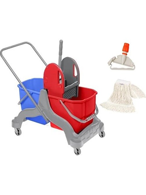 Safell Temizlik Arabası Çift Kovalı Temizlik Seti Mop ve Aparatı - 3 Parça Paspas Arabası - 25 lt