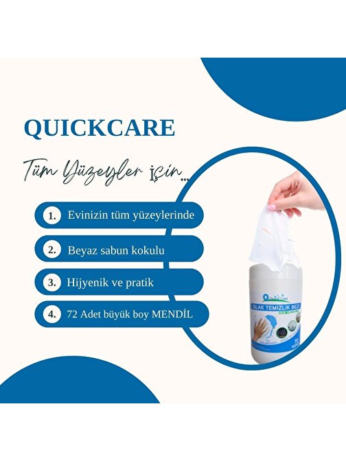 QUICKCARE Dezenfektanlı Yüzey Temizlik Havlusu 72 Yaprak, Kova Mendil Beyaz Sabun Kokulu