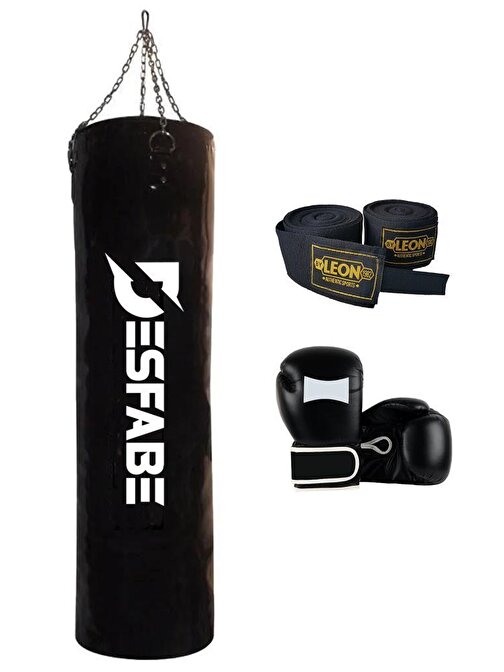 Desfabe Boxing Star Zincirli Boks Kum Torbası 120X32 Cm Siyah+El Sargı Bandajı+Boks Eldiveni