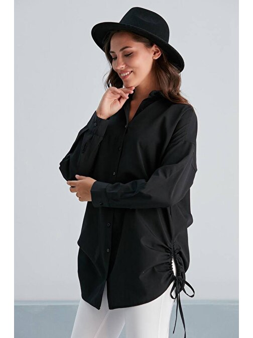 Kadın Poplin Yanı Biyeli Basic Siyah Gömlek - FAV-0083Si