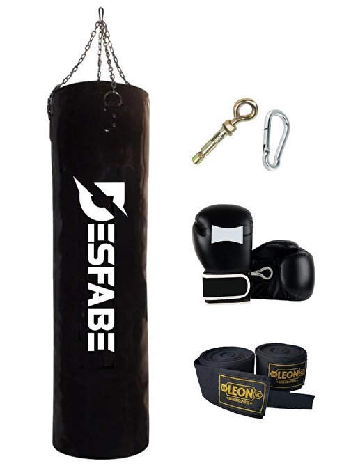 Desfabe Boxing Star Zincirli Boks Kum Torbası 120X32 Cm Siyah+Askı Aparatı+Boks Eldiveni+El Bandajı