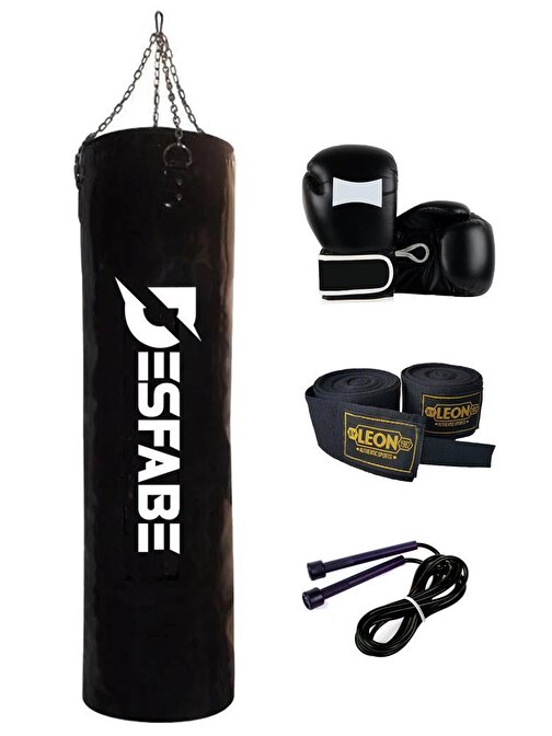 Desfabe Boxing Star Zincirli Boks Kum Torbası 120X32 Cm Siyah+El Bandajı+Boks Eldiveni+Atlama İpi