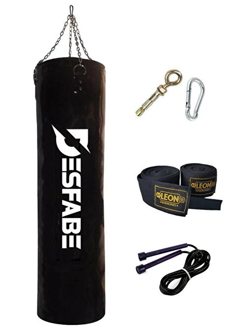 Desfabe Boxing Star Zincirli Boks Kum Torbası 120X32 Cm Siyah+Askı Aparatı+El Bandajı+Atlama İpi