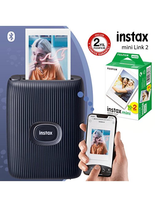 Instax Mini Link 2 Uzay Mavisi Akıllı Telefon Yazıcısı ve 20'li mini Film