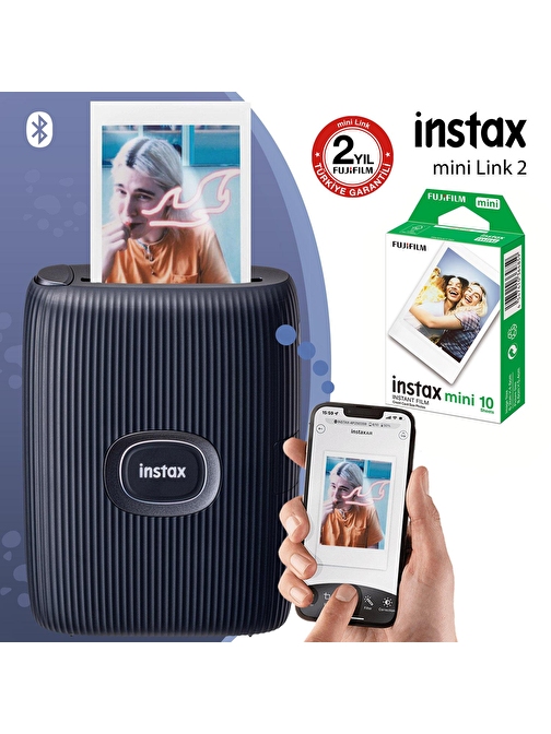 Instax Mini Link 2 Uzay Mavisi Akıllı Telefon Yazıcısı ve 10'lu mini Film