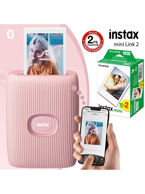 Instax Mini Link 2 Toz Pembe Akıllı Telefon Yazıcısı ve 20'li mini Film